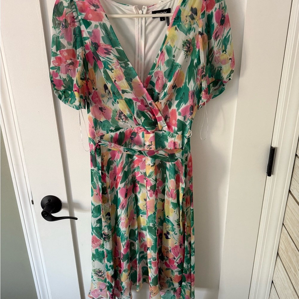 DKNY Vibrant Floral Wrap Midi Dress